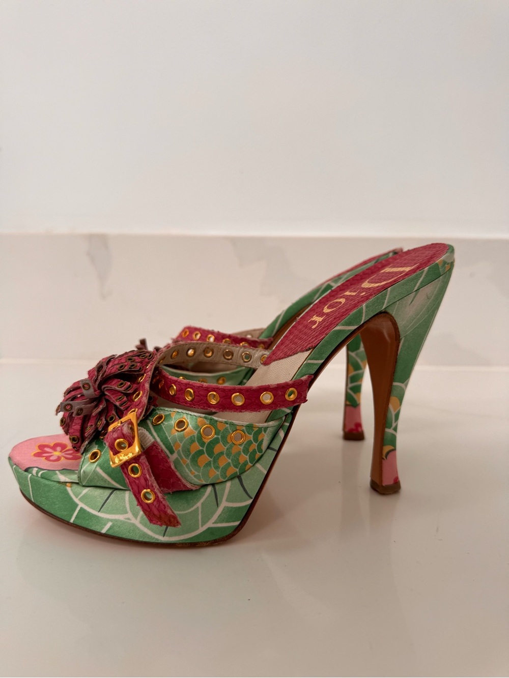 Dior Koi Pink & Green Floral python High Heel Mules 39 - Picture 3 of 7